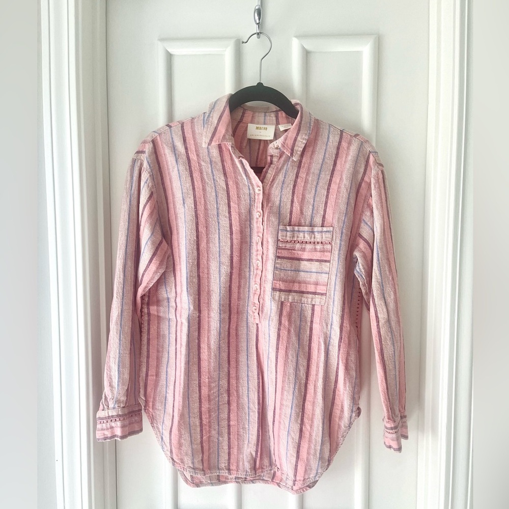 Anthropologie Maeve Pink Linen Striped Button Up Shirt